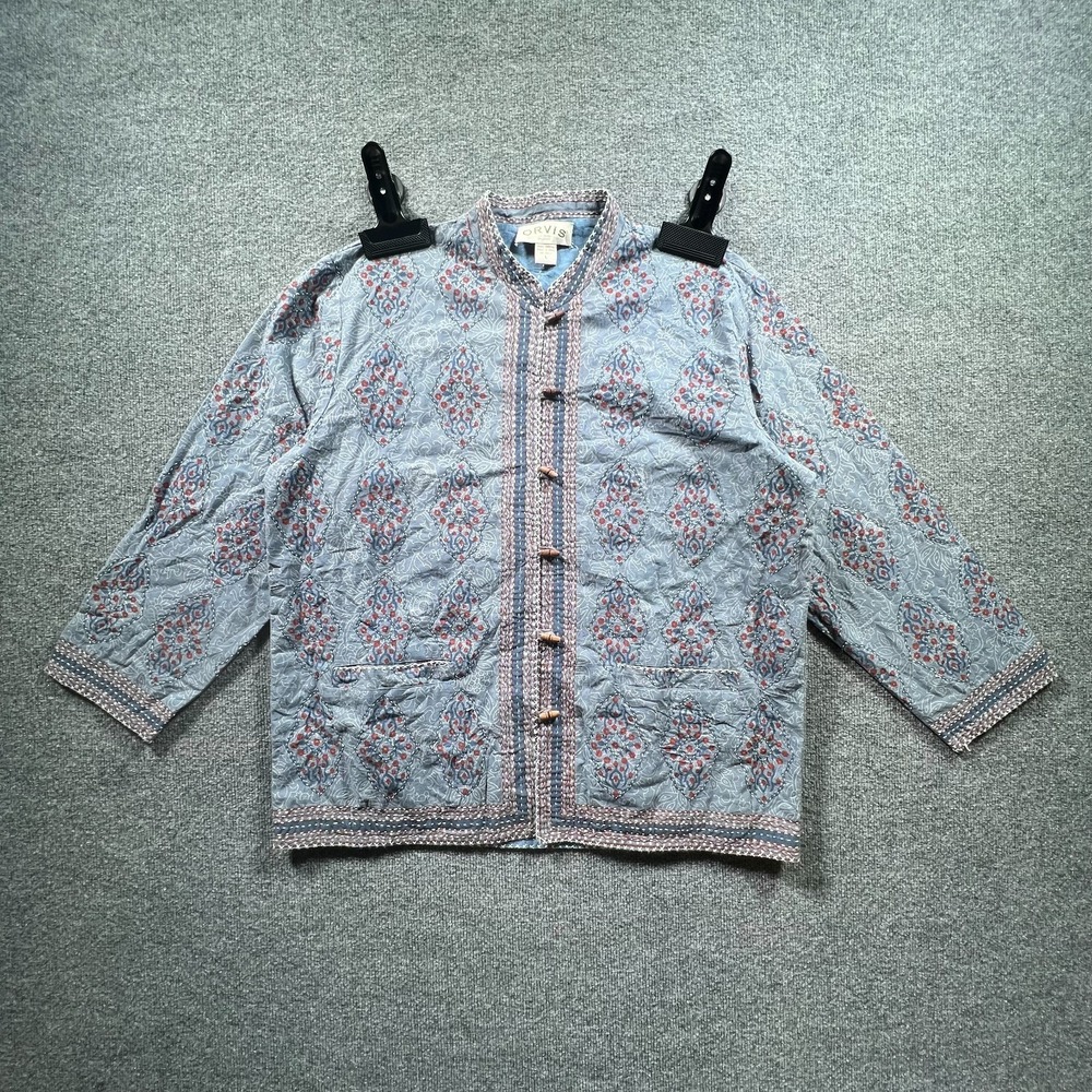 Vintage Orvis Kimono Jacket Women's L Blue Cotton Geometric Reversible Winter